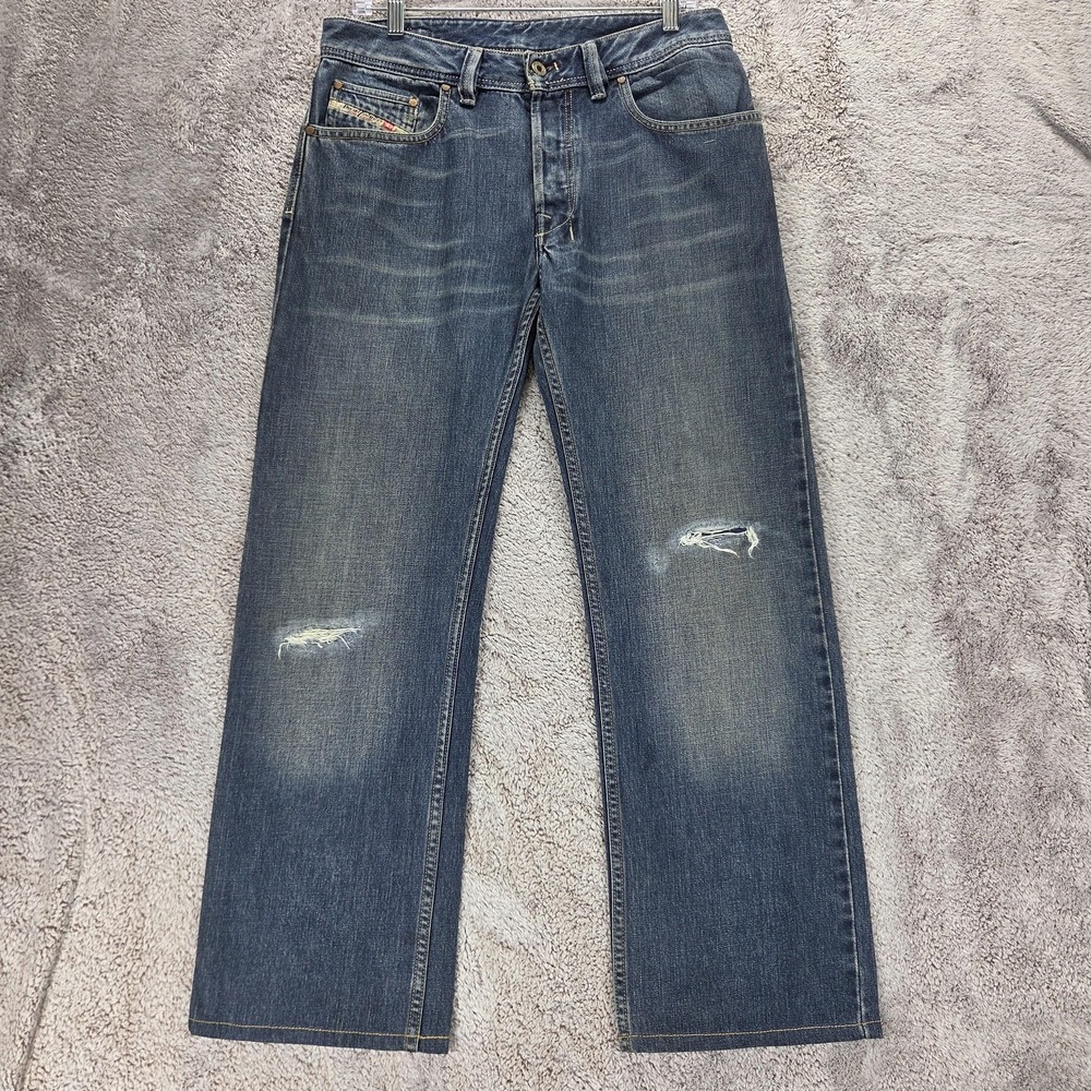 Diesel Jeans Mens 31x30 Blue Medium Wash Regular Straight Button Fly Distressed